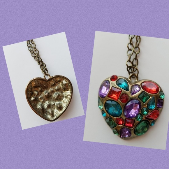 Vintage Bronze Jeweltone Heart Statement Necklace, Red, Purple, Teal Green Multi - Picture 3 of 4